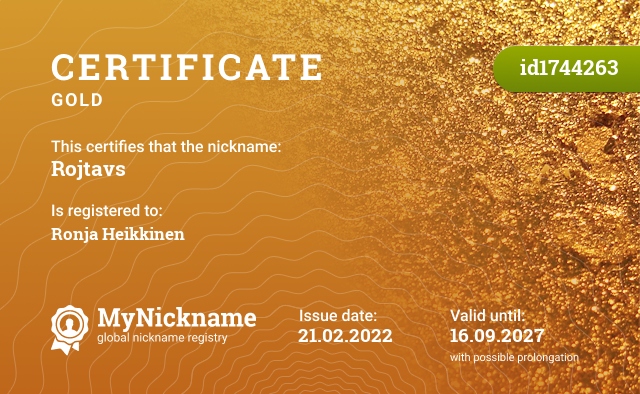 Certificate for nickname Rojtavs, registered to: Ronja Heikkinen