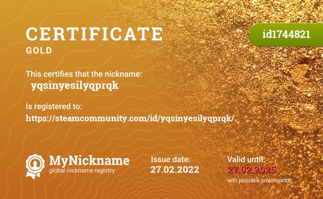 Certificate for nickname 生 yqsinyesilyqprqk, registered to: https://steamcommunity.com/id/yqsinyesilyqprqk/