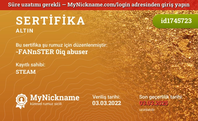 -FANnSTER 0iq abuser ❔❔❔ rumuzu için sertifika, kayıtlı sahibi: STEAM