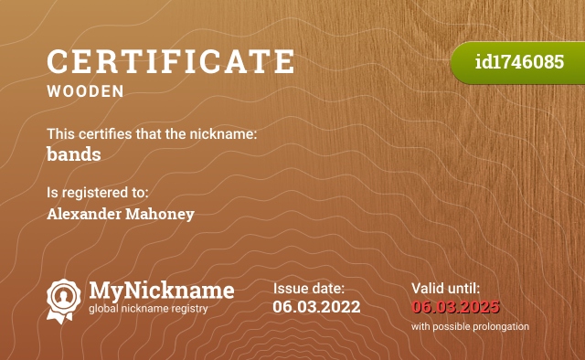 Certificate for nickname bands, registered to: Александр Махони