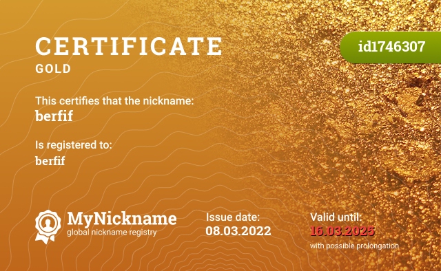 Certificate for nickname berfif, registered to: berfif