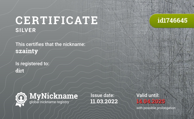 Certificate for nickname szainty, registered to: szainty