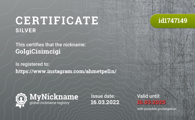 Certificate for nickname GolgiCisimcigi, registered to: https://www.instagram.com/ahmetpel1n/