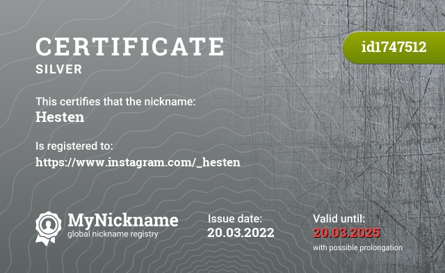 Certificate for nickname Hesten, registered to: https://www.instagram.com/_hesten