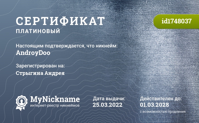 Сертификат на никнейм AndroyDoo, зарегистрирован на Стрыгина Андрея Игоревича
