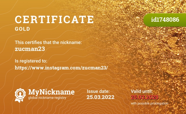 Certificate for nickname zucman23, registered to: https://www.instagram.com/zucman23/