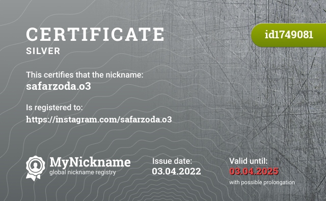 Certificate for nickname safarzoda.o3, registered to: https://instagram.com/safarzoda.o3