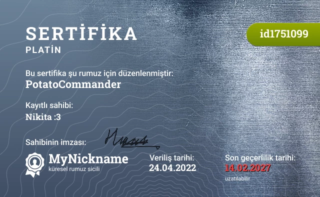 PotatoCommander rumuzu için sertifika, kayıtlı sahibi: Nikita :3