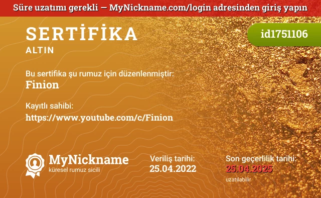 Finion rumuzu için sertifika, kayıtlı sahibi: https://www.youtube.com/c/Finion