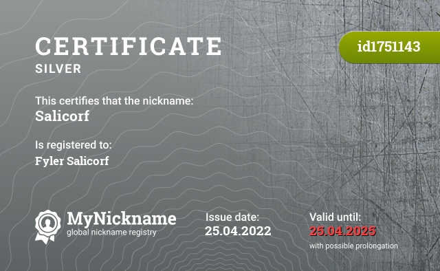 Certificate for nickname Salicorf, registered to: Fyler Salicorf