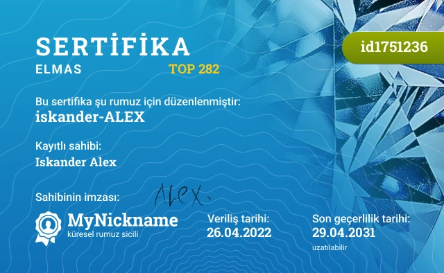 iskander-ALEX rumuzu için sertifika, kayıtlı sahibi: Iskander Alex