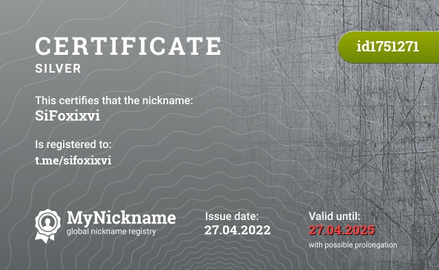 Certificate for nickname SiFoxixvi, registered to: t.me/sifoxixvi