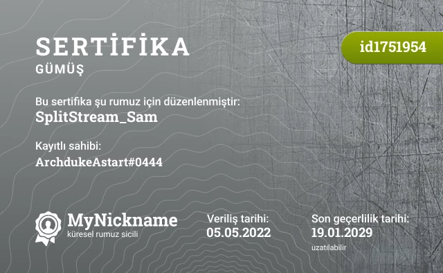 SplitStream_Sam rumuzu için sertifika, kayıtlı sahibi: ArchdukeAstart#0444