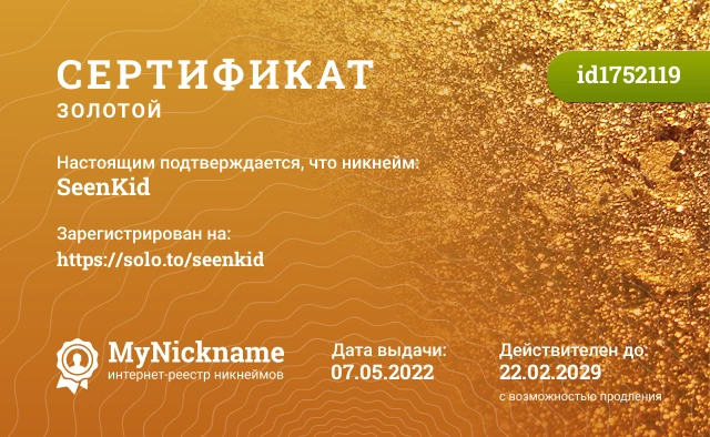 Сертификат на никнейм SeenKid, зарегистрирован на https://solo.to/seenkid