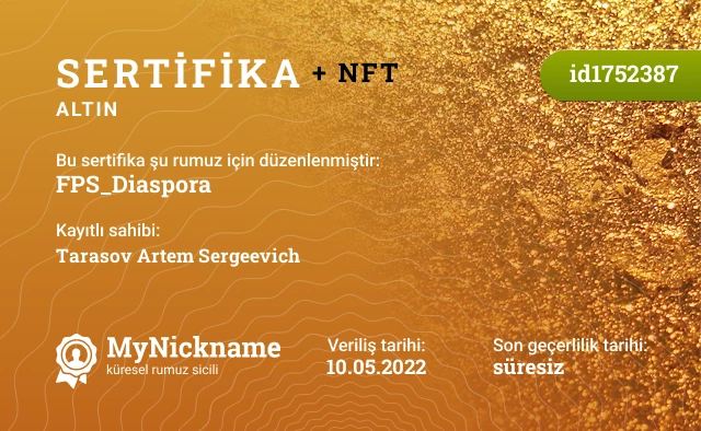 FPS_Diaspora rumuzu için sertifika, kayıtlı sahibi: Tarasov Artem Sergeevich