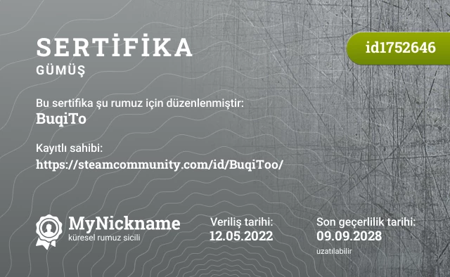 BuqiTo rumuzu için sertifika, kayıtlı sahibi: https://steamcommunity.com/id/BuqiToo/