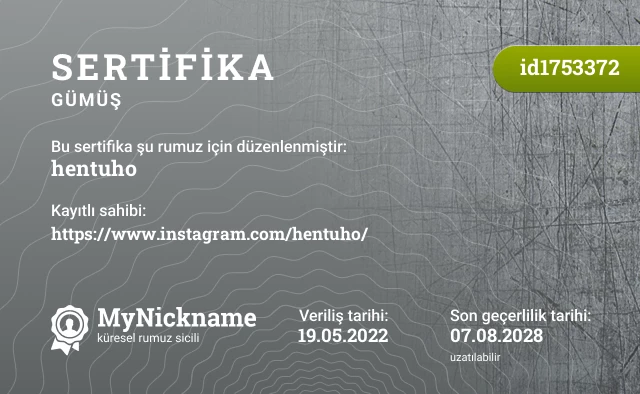 hentuho rumuzu için sertifika, kayıtlı sahibi: https://www.instagram.com/hentuho/