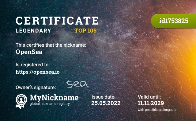 Certificate for nickname OpenSea, registered to: https://opensea.io