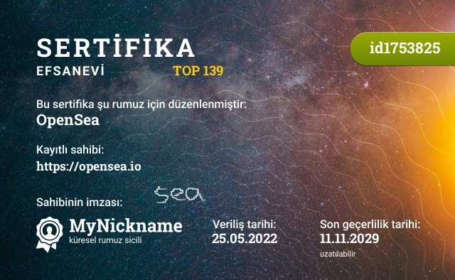 OpenSea rumuzu için sertifika, kayıtlı sahibi: https://opensea.io