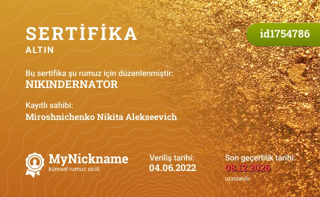NIKINDERNATOR rumuzu için sertifika, kayıtlı sahibi: Miroshnichenko Nikita Alekseevich