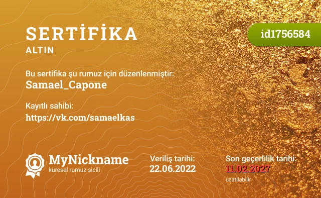 Samael_Capone rumuzu için sertifika, kayıtlı sahibi: https://vk.com/samaelkas