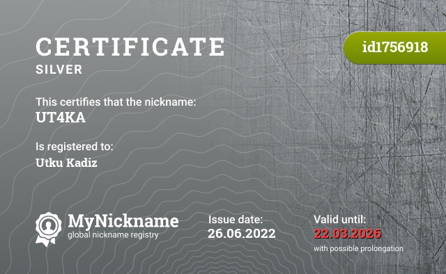 Certificate for nickname UT4KA, registered to: Utku Kadız