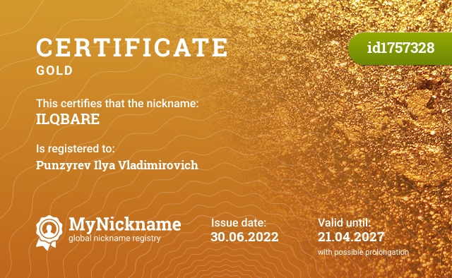 Certificate for nickname ILQBARE, registered to: Пунзырёва Ильи Владимировича