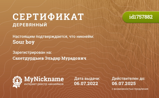 Сертификат на никнейм Sour boy, зарегистрирован на Сахетдурдыев Эльдар Мурадович
