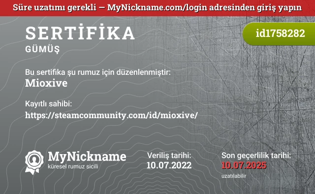 Mioxive rumuzu için sertifika, kayıtlı sahibi: https://steamcommunity.com/id/mioxive/