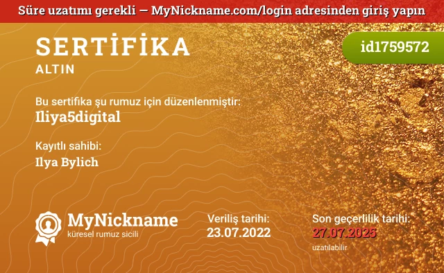 Iliya5digital rumuzu için sertifika, kayıtlı sahibi: Ilya Bylich