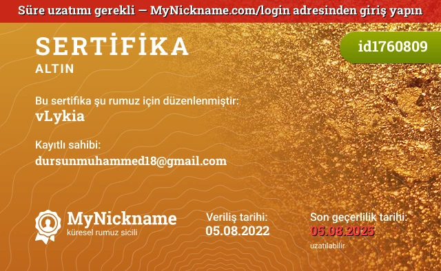 vLykia rumuzu için sertifika, kayıtlı sahibi: dursunmuhammed18@gmail.com