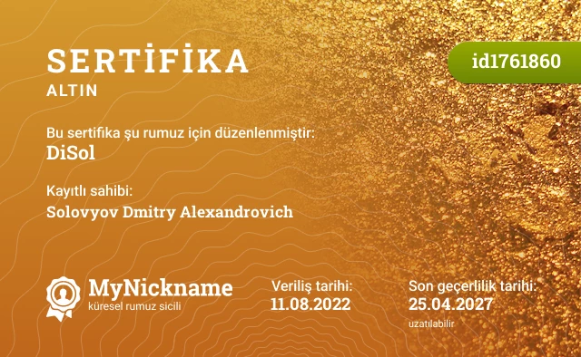 DiSol rumuzu için sertifika, kayıtlı sahibi: Solovyov Dmitry Alexandrovich