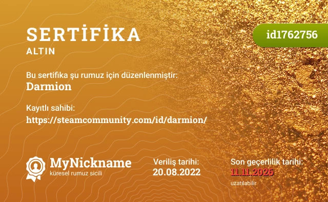 Darmion rumuzu için sertifika, kayıtlı sahibi: https://steamcommunity.com/id/darmion/