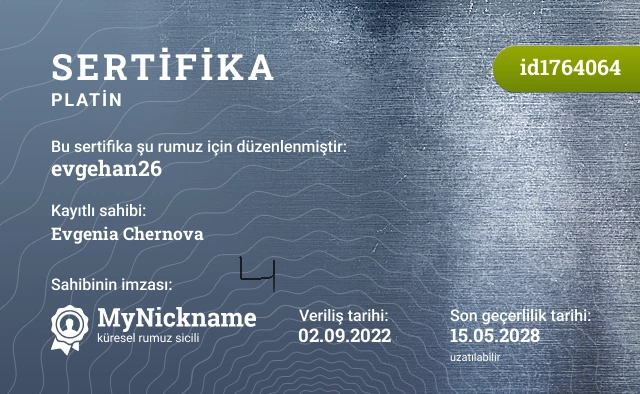 evgehan26 rumuzu için sertifika, kayıtlı sahibi: Evgenia Chernova