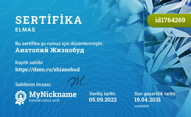 Анатолий Жизнобуд rumuzu için sertifika, kayıtlı sahibi: https://dzen.ru/zhiznobud