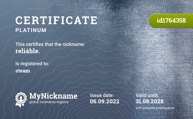 Certificate for nickname reliáble., registered to: steam