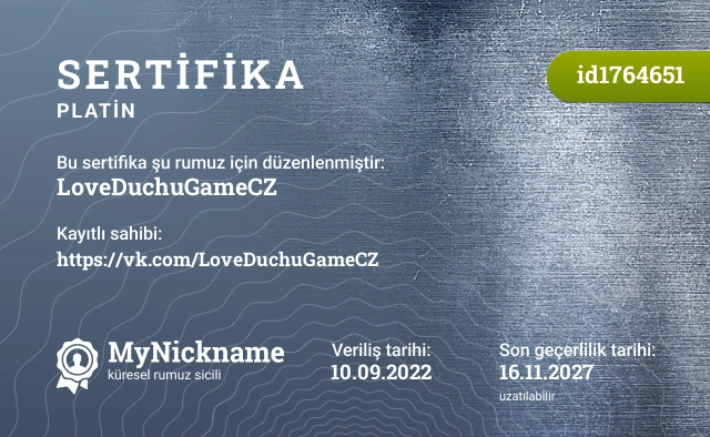 LoveDuchuGameCZ rumuzu için sertifika, kayıtlı sahibi: https://vk.com/LoveDuchuGameCZ