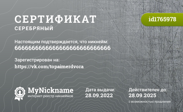 Сертификат на никнейм 6666666666666666666666666666, зарегистрирован на https://vk.com/topaimerdvora