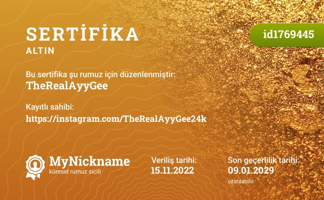 TheRealAyyGee rumuzu için sertifika, kayıtlı sahibi: https://instagram.com/TheRealAyyGee24k