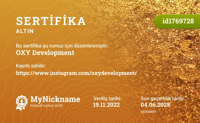 OXY Development rumuzu için sertifika, kayıtlı sahibi: https://www.instagram.com/oxydevelopment/