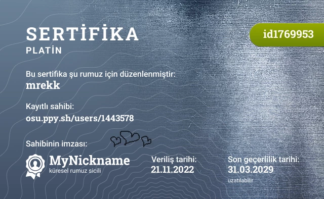 mrekk rumuzu için sertifika, kayıtlı sahibi: osu.ppy.sh/users/1443578