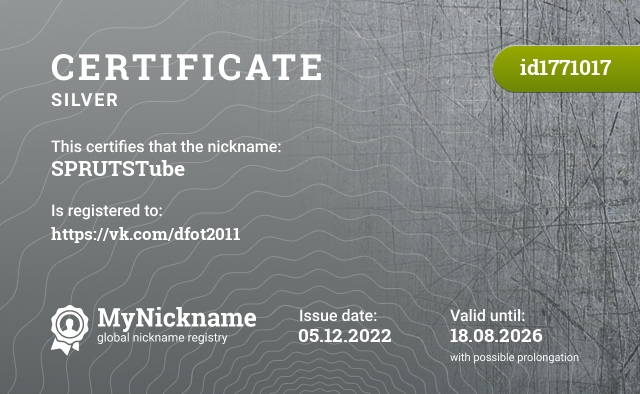 Certificate for nickname SPRUTSTube, registered to: https://vk.com/dfot2011