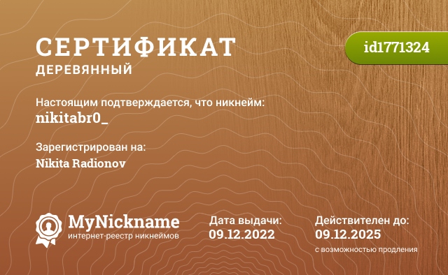 Сертификат на никнейм nikitabr0_, зарегистрирован на Nikita Radionov