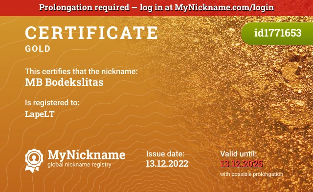 Certificate for nickname MB Bodekslitas is registered to: LapeLT