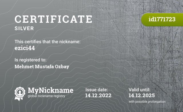 Certificate for nickname ezici44, registered to: Mehmet Mustafa Özbay