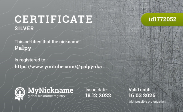 Certificate for nickname Palpy, registered to: https://www.youtube.com/@palpynka