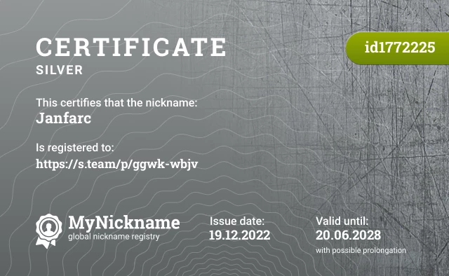 Certificate for nickname Janfarc is registered to: https://s.team/p/ggwk-wbjv
