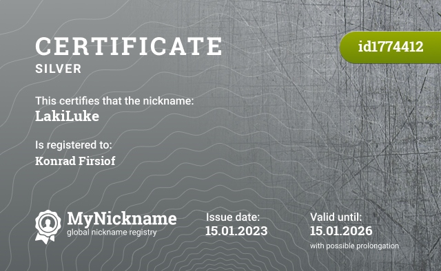 Certificate for nickname LakiLuke, registered to: Konrad Firsiof