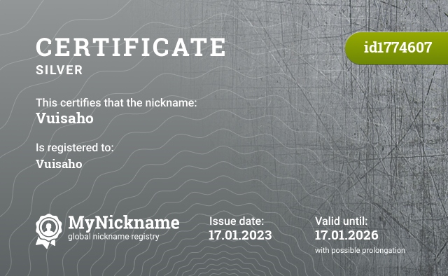 Certificate for nickname Vuisaho, registered to: Vuisaho