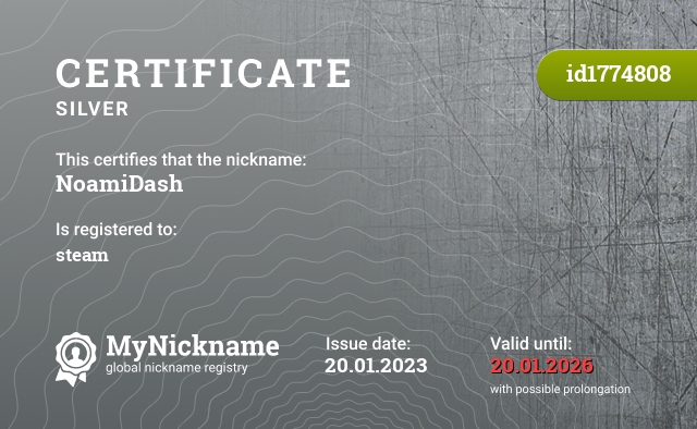 Certificate for nickname NoamiDash, registered to: steam